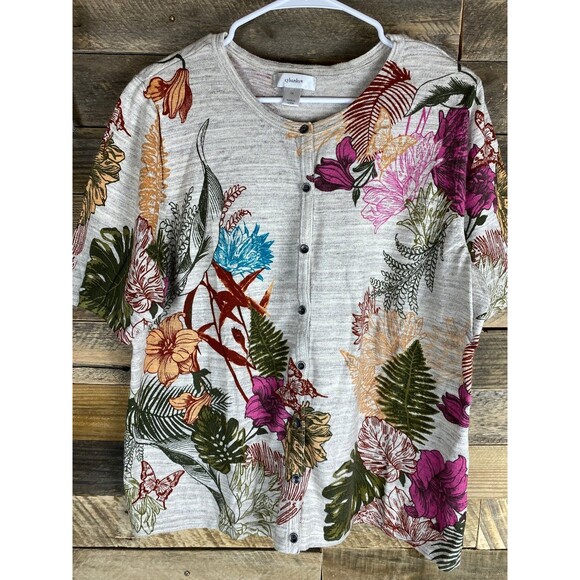 CJ Banks Women's Top 1X Beige Floral Cotton Button Front - Picture 1 of 11